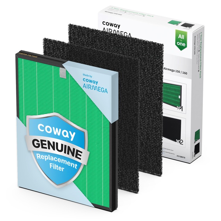 Set filtre de schimb purificator aer Coway Airmega 150, filtru verde True Hepa și carbon activ, 30 m²