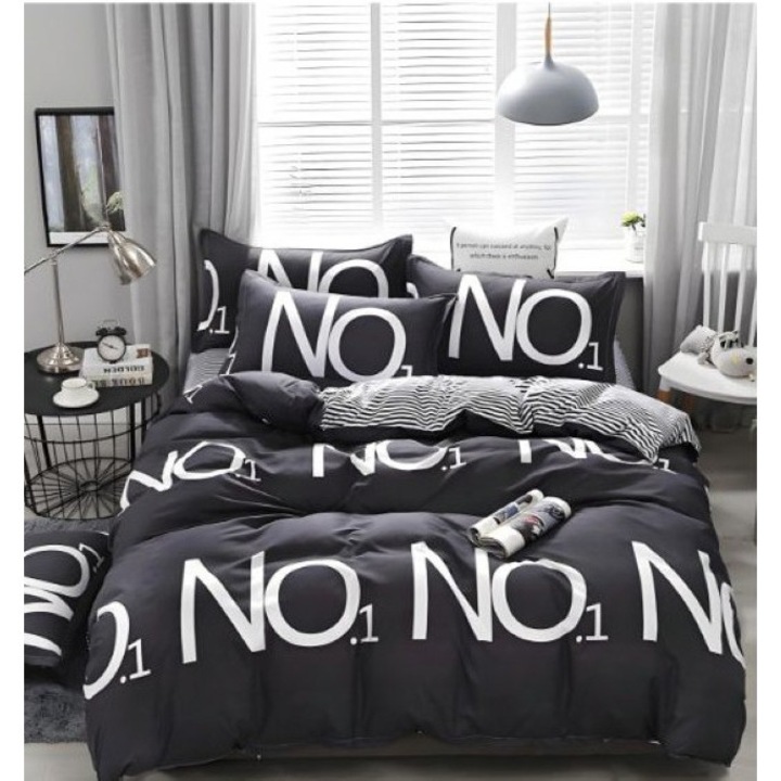 Lenjerie de Pat, Bumbac Satinat, 7 Piese, 1 Persoana, 225x250cm, Imprimeu NO1., Negru-Alb