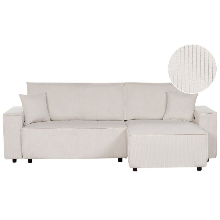 Canapea colțar extensibilă Beliani Abacka, alb-murdar, 247x147cm, cu 2 perne decorative