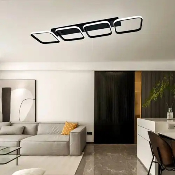 Lustra LED smart cu telecomanda, neagra, liniara, 96W, dimabila, lumina alb cald, alb natural si alb rece, 90x9x20cm, aplicata, moderna