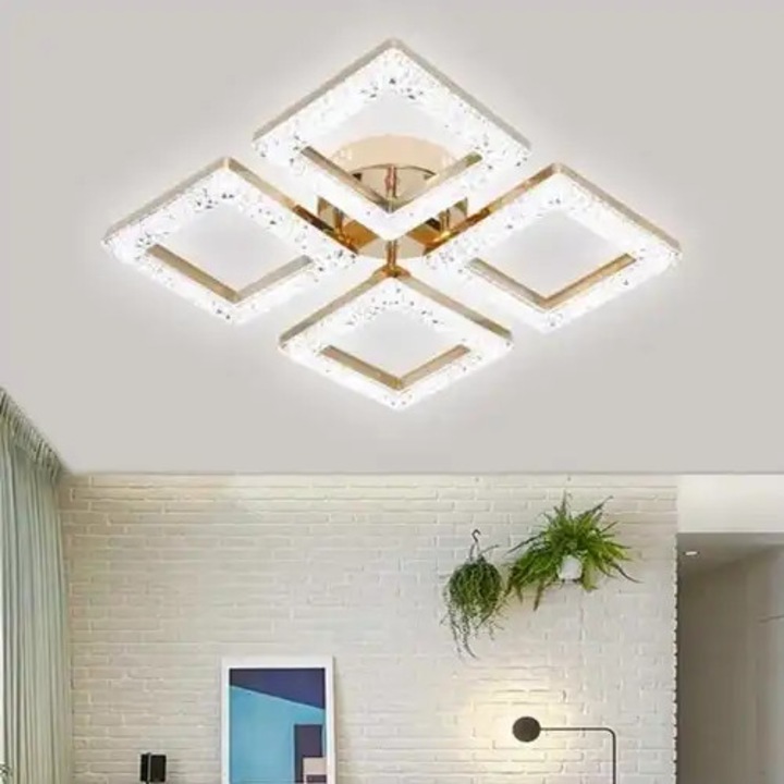 Lustra LED smart cu telecomanda, aurie, patrata, 80W, dimabila, lumina alb cald, alb natural si alb rece, 55x55x10cm, aplicata, moderna