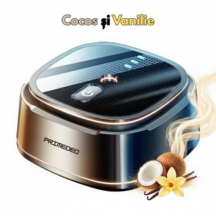 Odorizant Auto Inteligent cu Ultrasunete PRIMEDEO – Aroma de Cocos si Vanilie, Difuzor Portabil si AI, 3 Niveluri de Intensitate, Ulei Esential Inclus, Pentru Masina si Casa