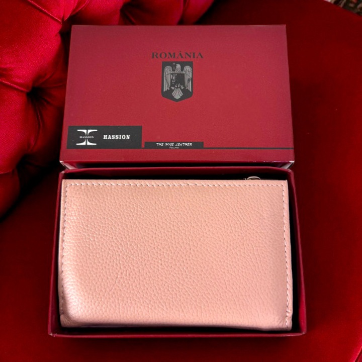 Portofel dama Hassion, deschidere tripla, piele naturala, Roz, 12x8x3cm