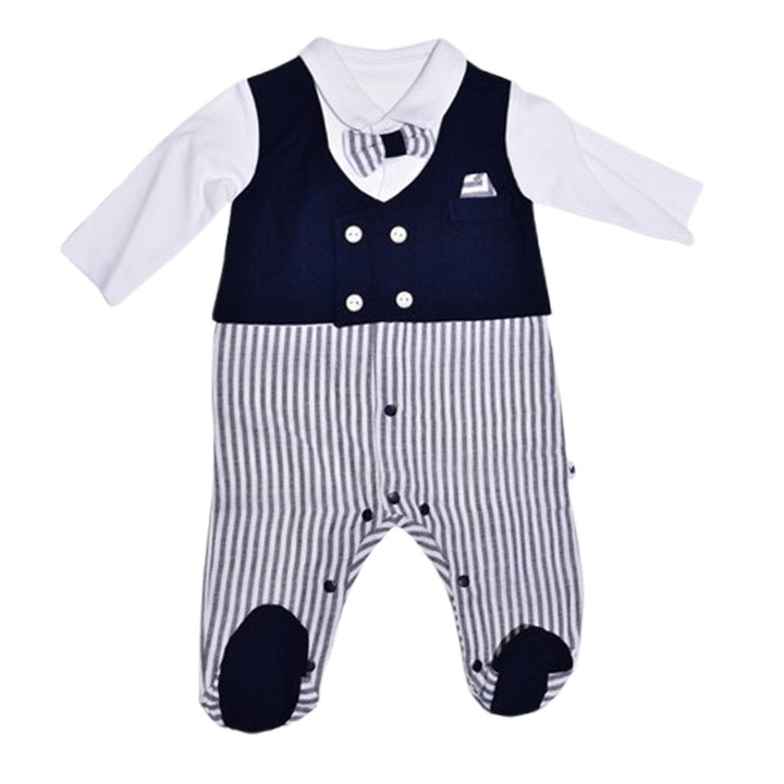 Salopeta cu papion, cu maneca lunga, pentru baieti, Mini Junior 3792B, Bleumarin 121928