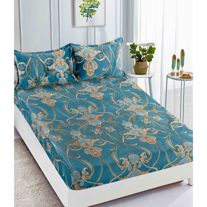 Set Husa de pat CHIRASO, COCOLINO cu Elastic, pentru saltele de 180x200cm, 160x200cm si 140x200, include 2 Fete de Perna 50x74cm, albastru