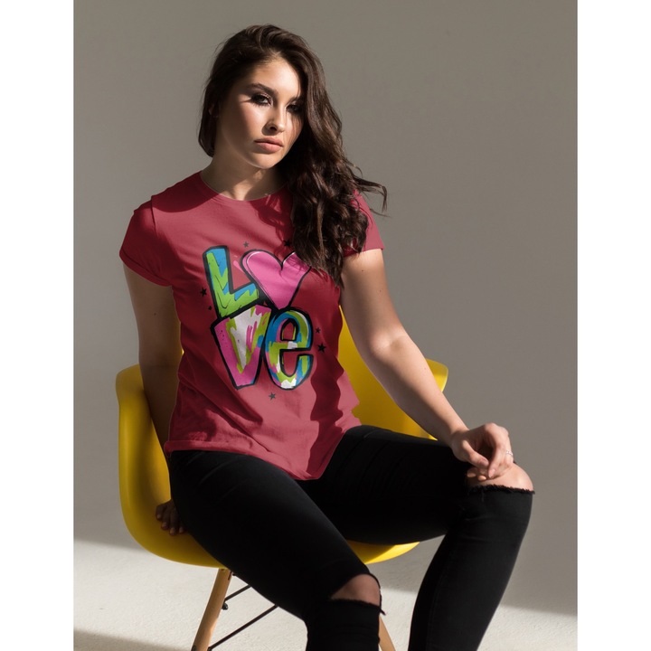 Tricou unisex din bumbac 100% colectia Flower Power, marime M, culoare rosu