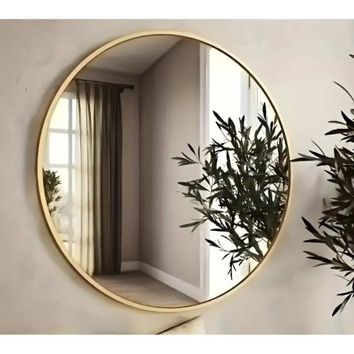 Oglinda rotunda de 50 cm cu rama aurie, oglinda moderna pentru living, baie, hol