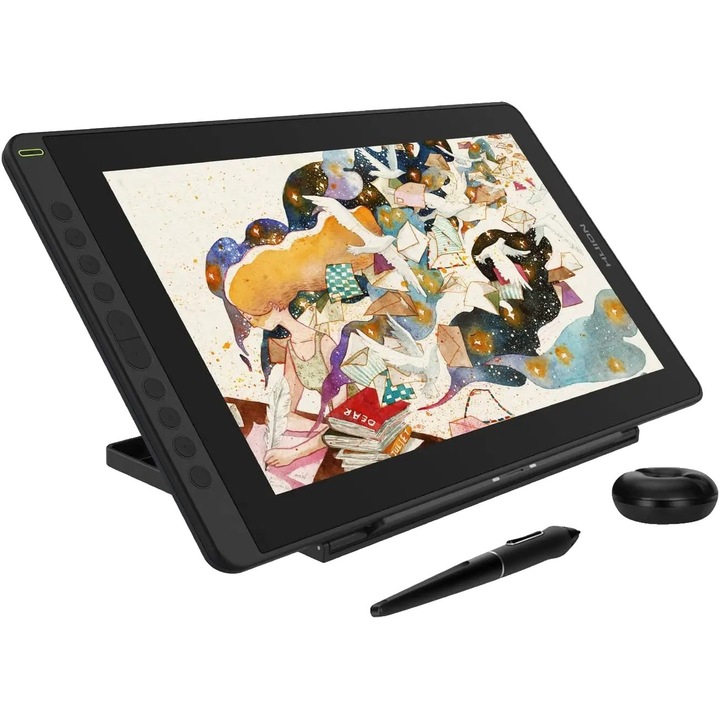 Tableta de desen Fudisenn®, se poate conecta la telefonul mobil pentru desen, cablu de date USB, 10 butoane, 32,7*20cm, inclusiv pix, adaptor, suport pentru pix, 8 varfuri de pix de rezerva, negru