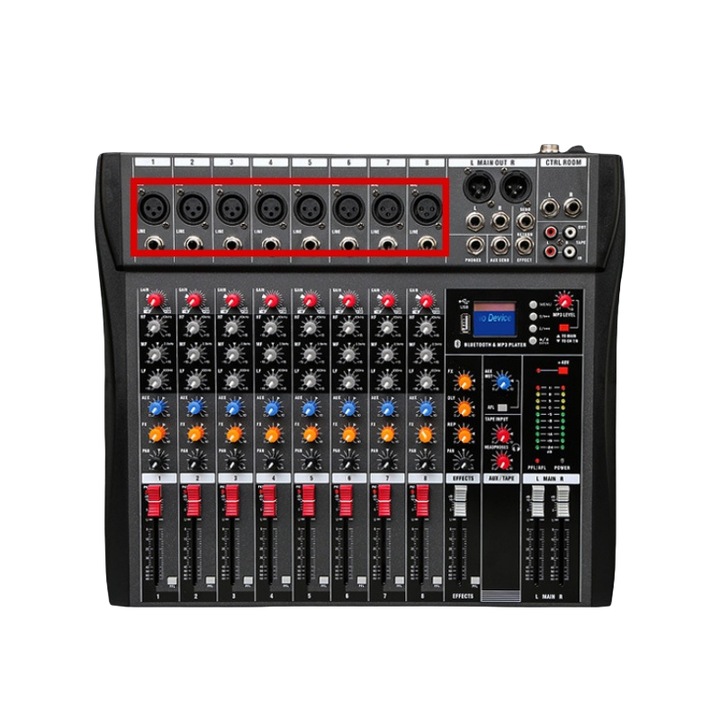 Mixer, 8 canale, Bluetooth, mixare, reducere zgomot, USB, XLR, RCA, karaoke, potrivit pentru mai multe dispozitive, 400x340x37cm, negru