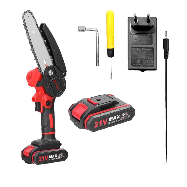 Elektromos láncfűrész, ergonomikus kialakítás, piros, 265x180x105mm, készlet 2 db 21V-os akkumulátorral