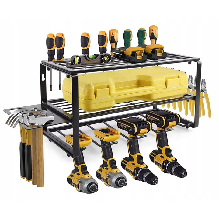 Organizator de perete pentru scule electrice si unelte, Zola, 3 rafturi principale, 2 suporturi laterale, 60 x 19.5 x 20.5 cm, negru