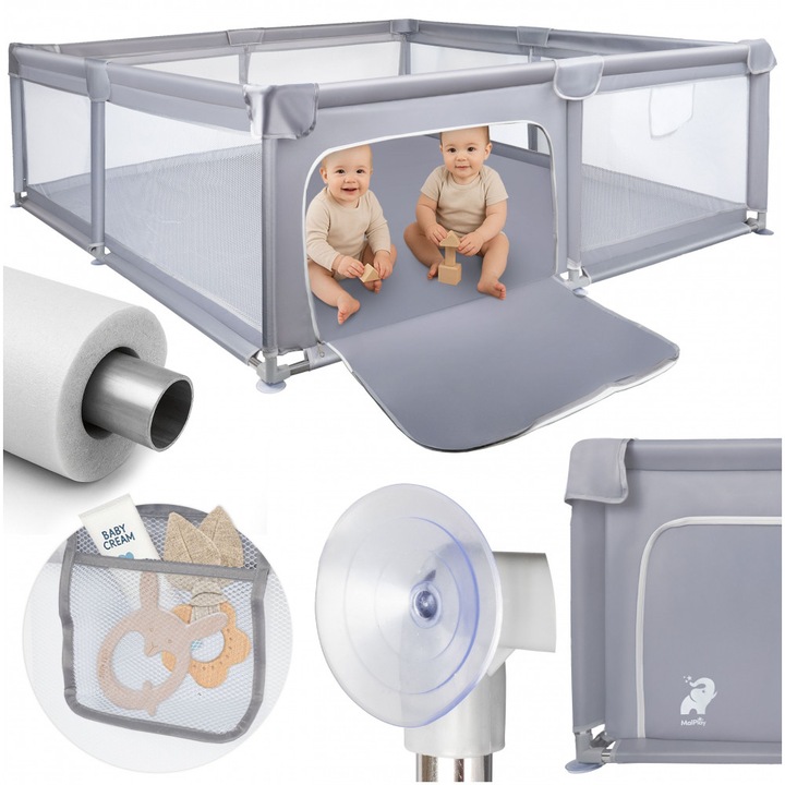 Tarc de joaca pentru copii, MalPlay Kivo Grey, design modern si sigur, acces mare cu fermoar actionat din exterior, dimensiune 180 x 200 cm, cu buzunar din plasa