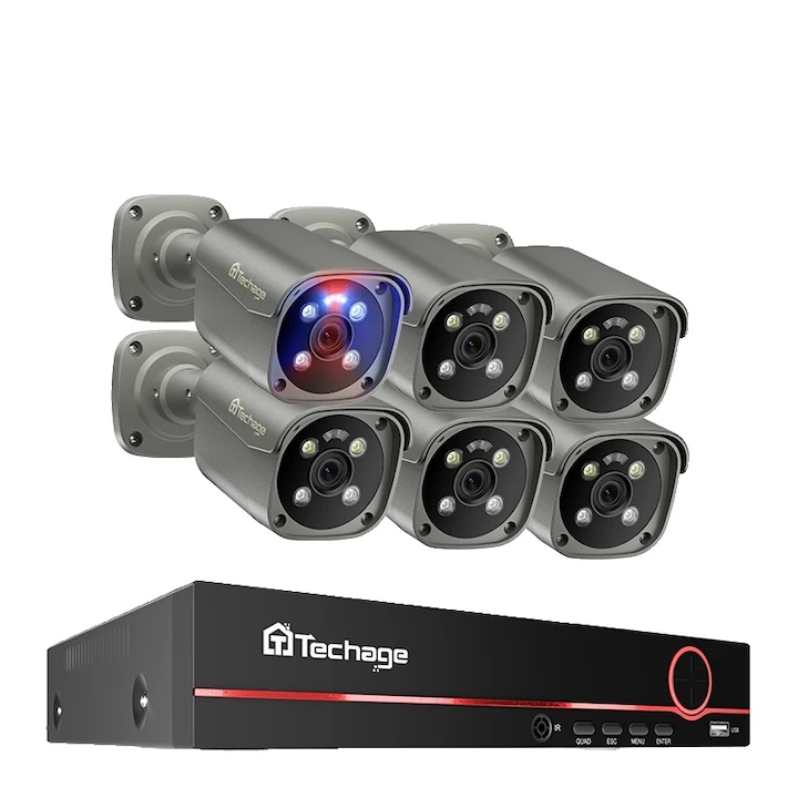 Kit Supraveghere 8CH NVR cu 6 Camere, 4K Ultra HD, 20m, IP67, Multicolor