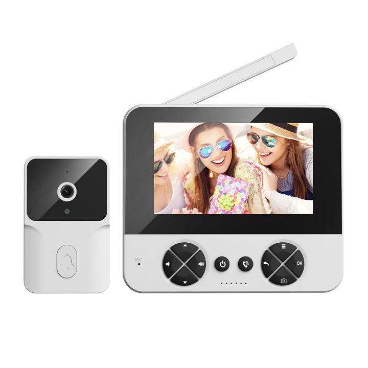 Vezeték nélküli videó csengő, 4,3 hüvelykes, fotó és videó kaputelefon, 32G, 110°-os nagylátószög, infravörös éjszakai látás, külső antenna, 1000mAh, 150m hatótáv, fehér