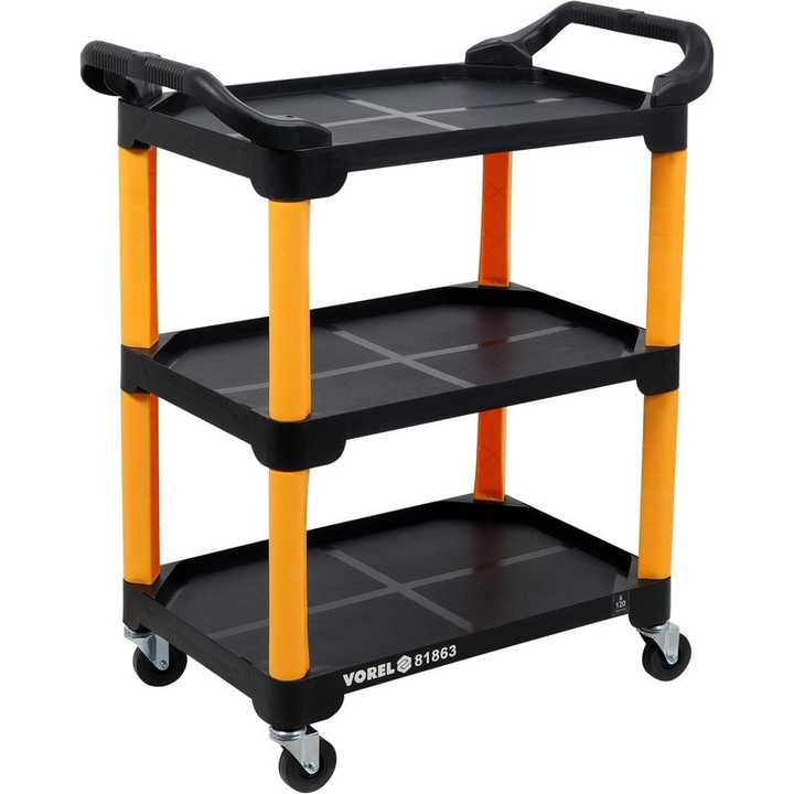 Carucior de atelier pentru scule, compozit, Vorel, 3 nivele, 965x810x435mm, 4 roti, capacitate maxima 120kg