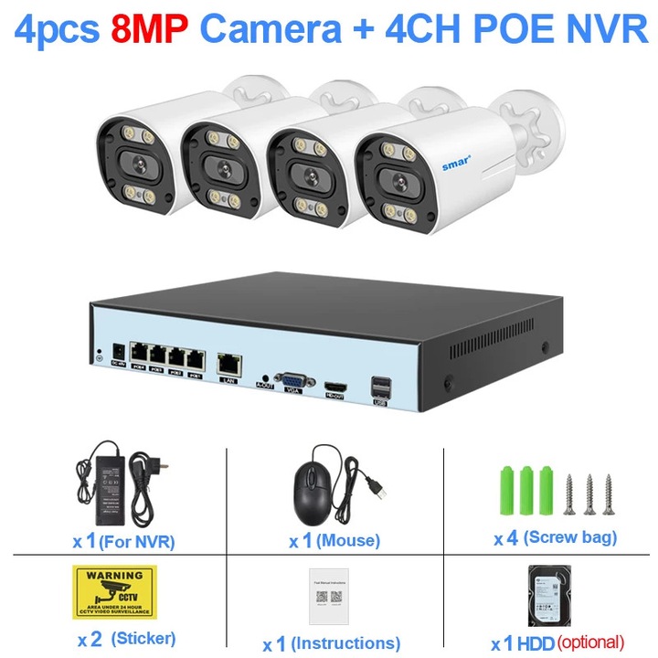 Megfigyelő kamerarendszer, 4 csatornás NVR 4 kamerával, 8MP, éjjellátó, mozgásérzékelés