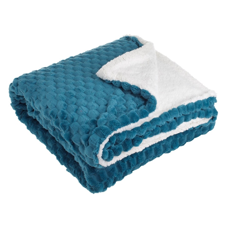 Pătură cuvertură decorativă iarnă petrol alb popcorn sherpa 160x130cm