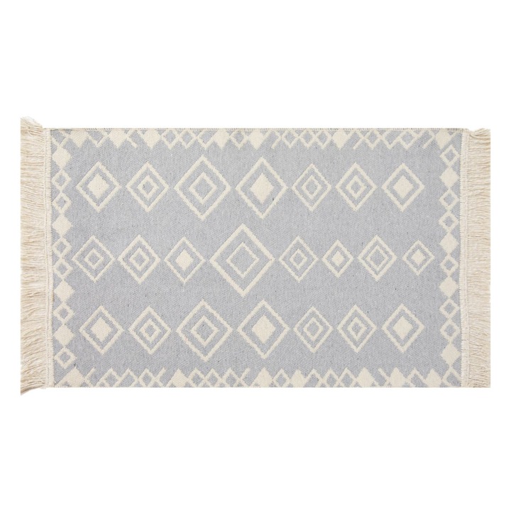 Covor gri ecru cu model tufted si franjuri 90x60cm