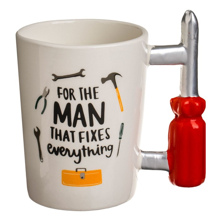 Cana ceramica alba 360ml, maner surubelnita rosu, mesaj "For the Man that Fixes Everything"