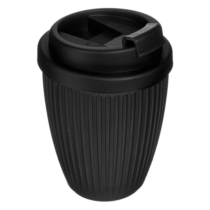 Pahar din plastic negru model dungi cu capac negru 290ml