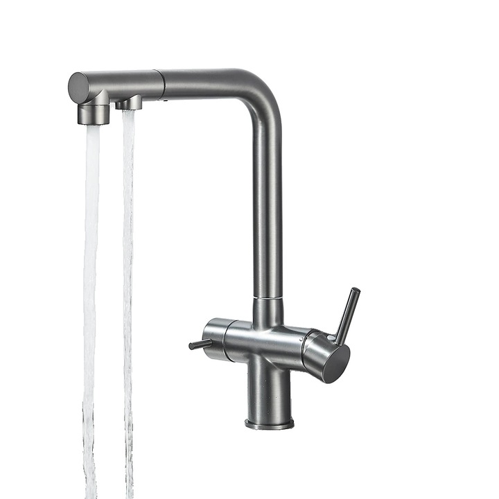 Baterie sanitara, filtrata, cu dus retractabil, doua manere, gri inchis, montare pe blatul de lucru