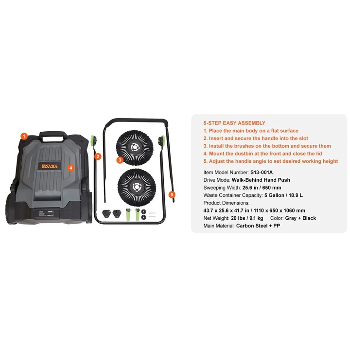 Matura cu rezervor de 19 litri, manere ergonomic, 25.6 inch, 1110x650x1060mm