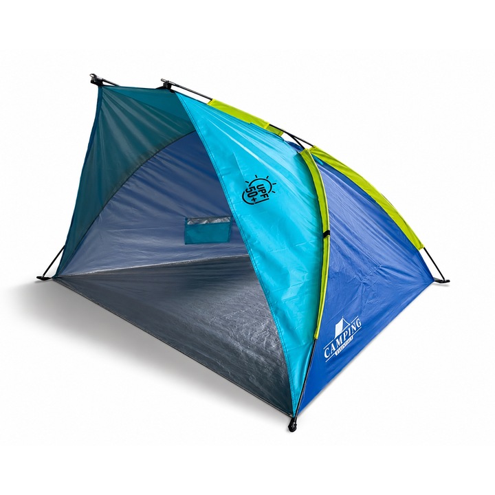 Cort de Plaja cu Factor de Protecție Ultravioletă 50+ (UPF 50+), robust cu structura de sustinere usoara din fibra de sticla, rezistent la vant, usor - 220 cm latime x 115 cm inaltime x 115 cm adancime