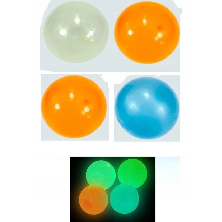 Set de bile antistres, lipicioase, fluorescente, 4 bucati, 45 mm, culori: alb, portocaliu, albastru, verde, material TPR, usor de curatat, fara substante lipicioase, stralucesc in intuneric, pentru baieti