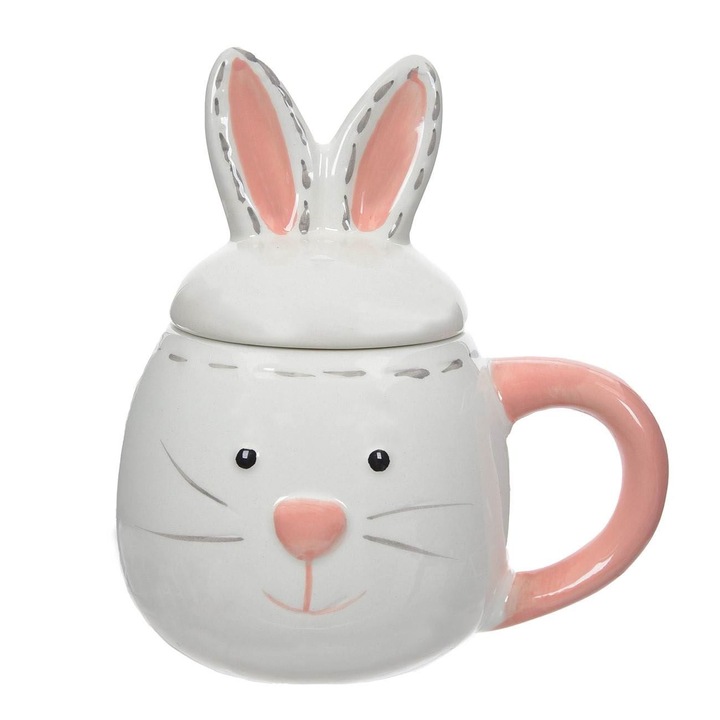 Cana ceramica de paste cu iepure 3d capac alba roz 470ml