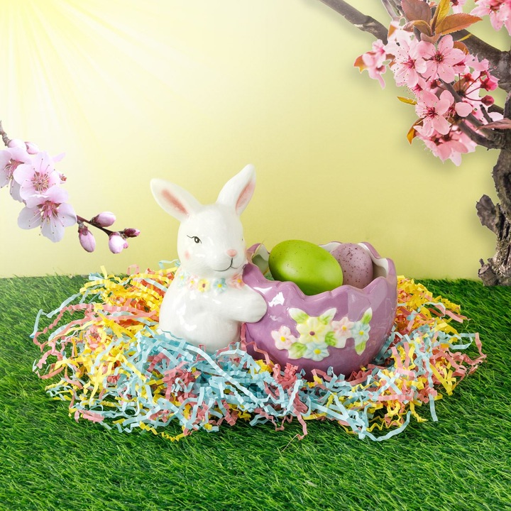 Suport ceramic iepuras lila ou & flori pentru oua de paste 17x11x13.5cm