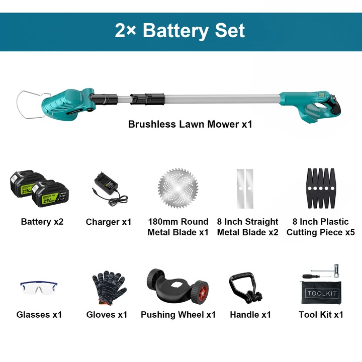 Trimmer iarba si mini-masina de tuns gazon, Fara cablu, Latime taiere 20 cm, Motor fara perii, 2x acumulatori 18 V inclusi, Maner reglabil pe inaltime, Alb