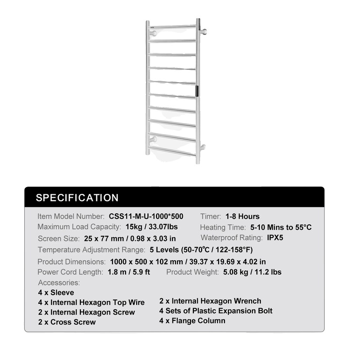 Suport pentru prosoape, 10 tije, inox, montare pe perete, argintiu