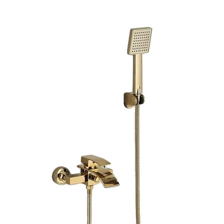 Baterie sanitara pentru cada, finisaj periat, aurie, cu doua manete, montare pe podea, cu dus de mana