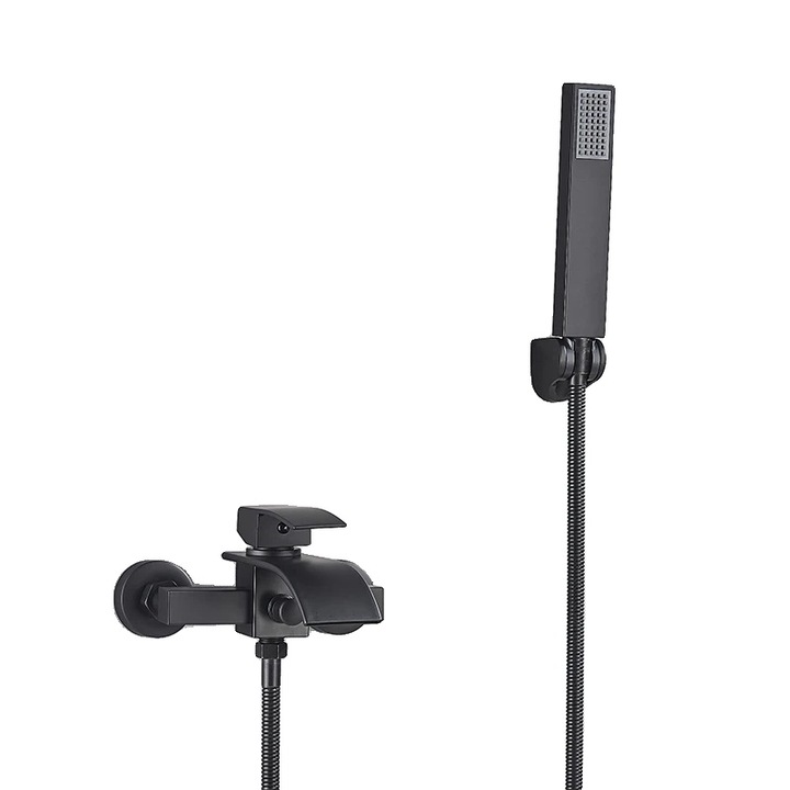 Baterie sanitara pentru cada, finisaj mat negru, tip mixer cu doua manete, instalare pe podea, furtun de dus din otel inoxidabil 150 cm