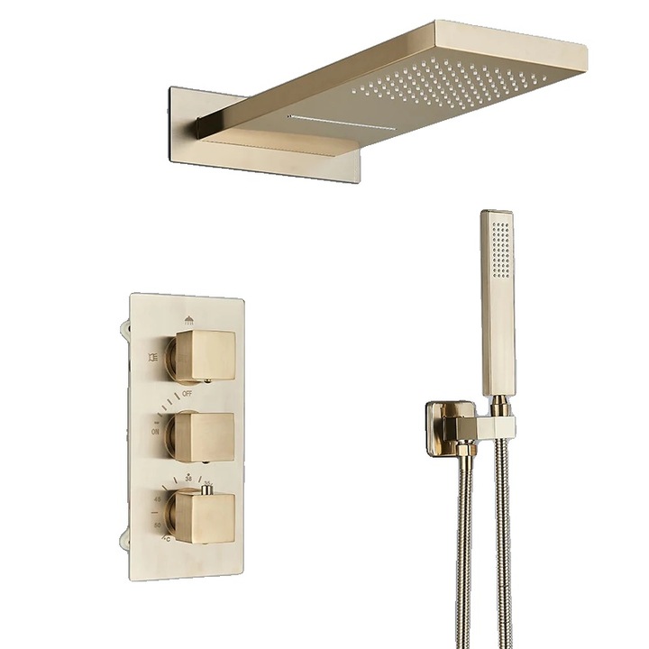 Set de robinete de dus, control termostatic, functii duale, aurie periata, montare pe perete