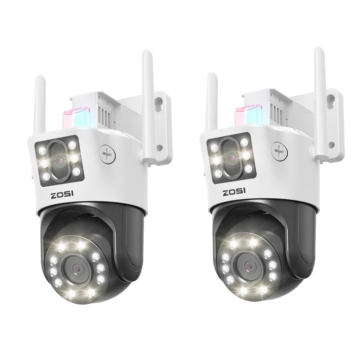 Camera de supraveghere Zosi, tehnologie cu doua obiective, detectie AI, viziune nocturna color, set 2 bucati