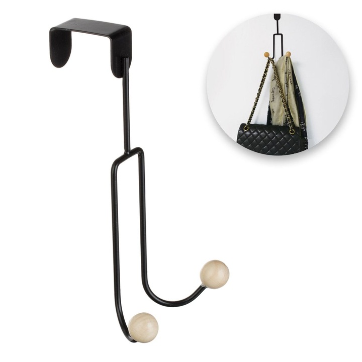 Cuier negru dublu, cu 2 cârlige din lemn, 19x11cm