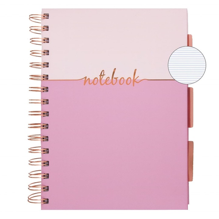 Тетрадка А5 на редове сьомгово розова, фолиран бележник със спирала и 4 раздела - 128л