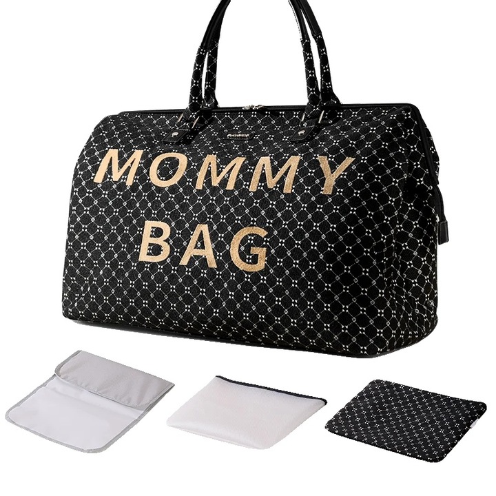 Geanta pentru bebelusi, neagra, cu compartimente multiple, 21x15x10 inchi, 48L