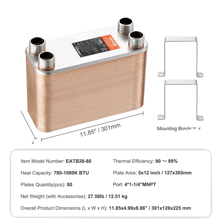 Schimbator de caldura, 5x12in, 80 buc, otel inoxidabil, eficienta ridicata