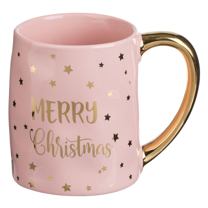 Cana ceramica, 500ml cu imprimeu foliat "Merry Christmas" si stele aurii