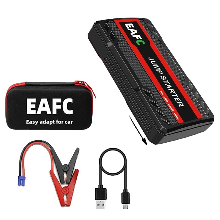 Autóindító, 600A, USB töltés, LED zseblámpa, fekete, 13.9x7.8x2.4cm