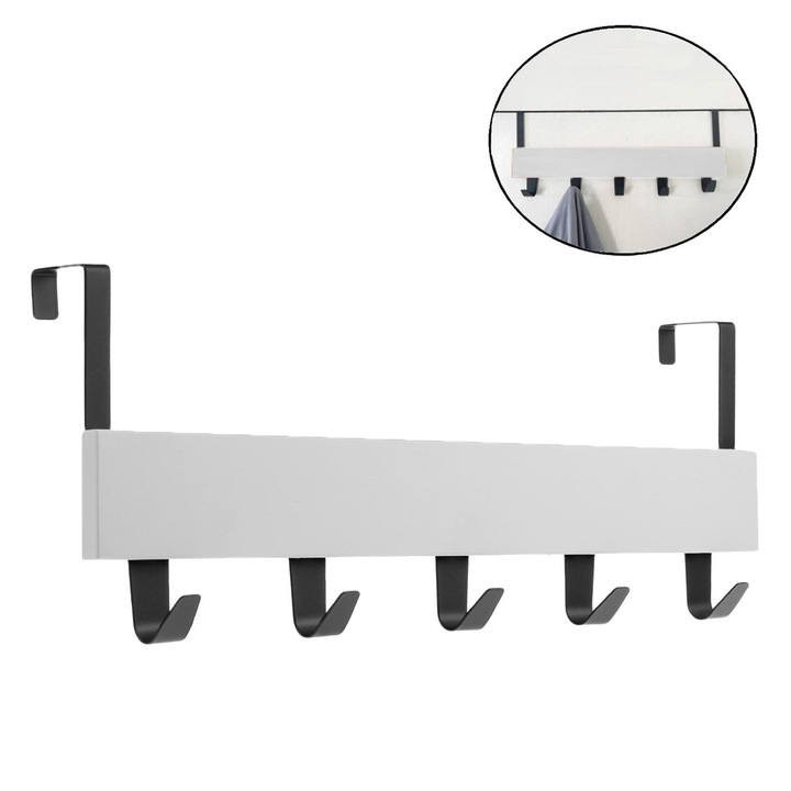 Fehér fa és fém ajtóra akasztható akasztó 5 pozícióba, 38x7x16cm