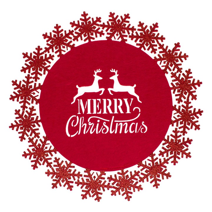 Suport farfurie rosu din pasla "merry christmas" fulgi cerbi glitter 35cm