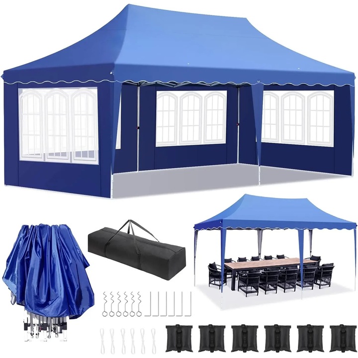 Pavilion de gradina, Cort pliabil pop up 3x6 m, Impermeabil, UV50+, Reglabil pe inaltime, 4 pereti laterali, Cadru din aluminiu, Albastru