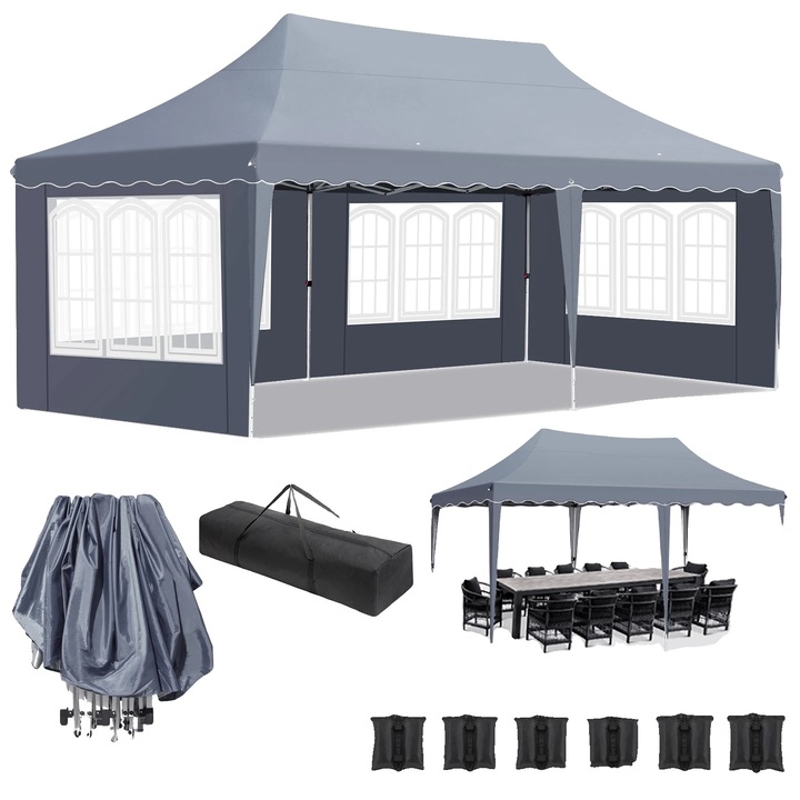 Pavilion Popup, Canopy Waterproof, Inaltime Ajustabila, Gri Inchis, 3x6m, 4 Panouri Detasabile