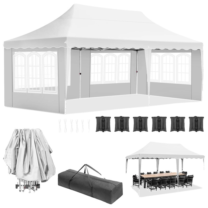 Pavilion Popup, Canopy Waterproof, Inaltime Ajustabila, Alb, 3x6m, 4 Panouri Detasabile
