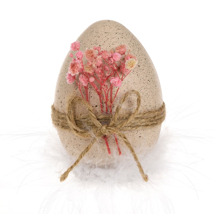 Ou decorativ de paste ecru cu stropi & baza buturuga cu puf ø6x8cm