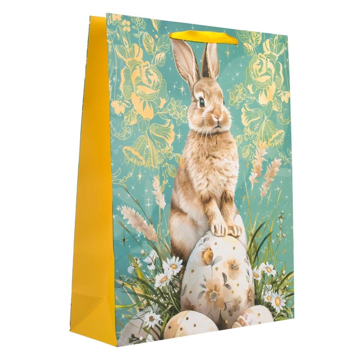 Sacosa cadou verde menta cu model iepure oua & flori 32x11x42cm