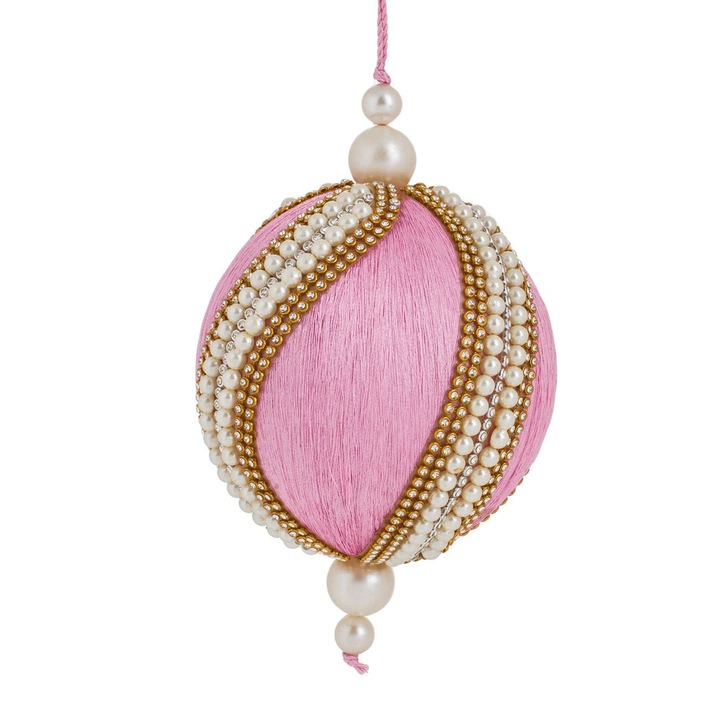 Ornament Brad de Craciun Glob Roz cu Fir cu Strass & Margele Ø10cm